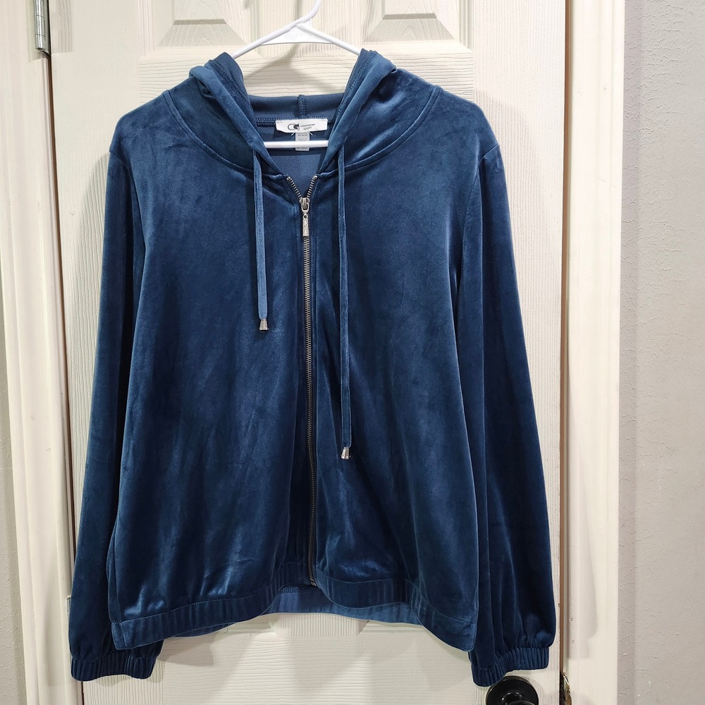 Cable & Gauge Sport Blue Velour Zip Up Hoodie Rhinestone Accents Womens Medium